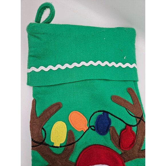 Green Felt Christmas Stocking Reindeer Festive Lights Vintage Holiday 19 in - Picture 4 of 8